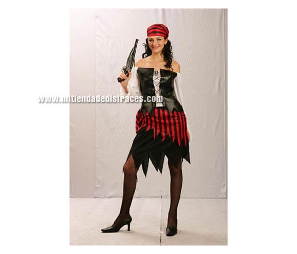 Disfraz de mujer Pirata adulta. Talla única 40/44. Incluye pañuelo, camisa, chaleco y falda. Pistola NO incluida, podrás verla en la sección de Complementos.