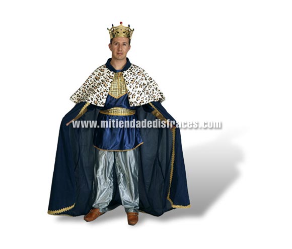 Traje de Rey Mago adulto azul económico. Talla única 52/54. Incluye capa, blusón, pantalón y cinturón. No incluye corona, ni peluca, ni barba, podrás verlo todo en la sección de Complementos para Navidad. Ideal para Belén y Colegios.