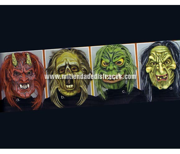 Máscara de Monstruo 4 modelos surtidos. Peluca NO incluida. Precio por unidad, se venden por separado. Cuando hagas el pedido, indica por favor el modelo que quieres, si no, te mandaremos una de las cuatro.