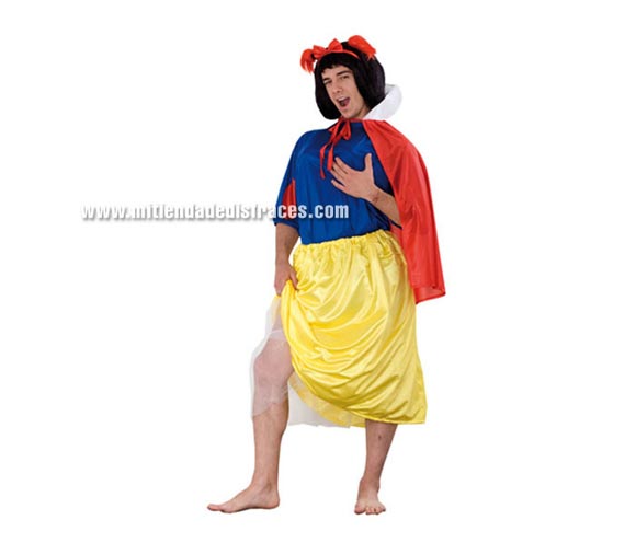 Disfraz de Blancanieves hombre adulto. Talla única 52/54. Incluye falda, camisa, capa y lazo. Peluca NO incluida, podrás verla en la sección Pelucas. Un disfraz muy cachondo para Despedidas de Soltero.
