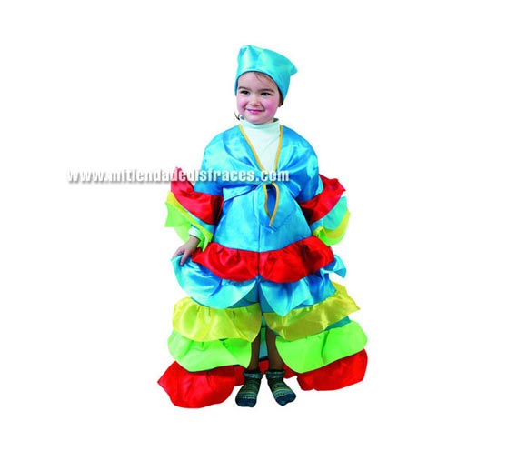 Disfraz de Rumbera azul niña talla de 2 a 4 años. Incluye falda, top y pañuelo. Disraz de Brasileña o Caribeña para niña.