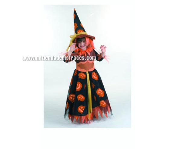 Disfraz de Bruja Calabazas. Alta calidad. Hecho en España. Disponible en varias tallas. Incluye gorro, vestido y cinturón.