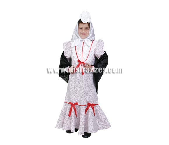 Disfraz de Madrileña infantil. Disfraz de Chulapa. Alta calidad. Hecho en España. Disponible en varias tallas. Incluye vestido, mantón y pañuelo. Flor NO incluida, podrás verla en la sección Complementos.