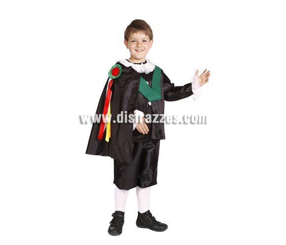 Disfraz de Tuno infantil. Alta calidad. Hecho en España. Disponible en varias tallas. Incluye pantalón, camisa, capa, cuello y cintas. Éste disfraz de Carnaval es ideal para divertirse en las Fiestas de Carnavales tan divertidas y estrambóticas como siempre y que cada vez se celebran en más Pueblos, Villas  y Ciudades, tanto en la calle como en Pubs, Discotecas, Casas particulares,  Restaurantes o Colegios y disfrazándote con un traje de Carnaval ayudarás a crear ese ambiente Carnavalesco, tan divertido, multicolor y variopinto  que a todos nos fascina y nos divierte.
¡¡Compra tu disfraz para Carnaval en nuestra tienda de disfraces, será divertido!!
