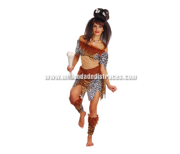 Disfraz de Cavernícola adulta. Talla única 38/42. Incluye vestido, collar y accesorio piernas. Peluca y hueso NO incluidos, podrás verlos en la sección Complementos. Disfraz de Troglodita para mujer.