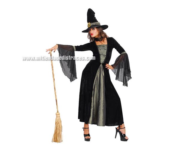 Disfraz de Bruja Gris y Negro Adulta Económico. Talla única 40/44. Incluye sombrero y vestido. Escoba NO incluida, podrás verla en la sección de Complementos.