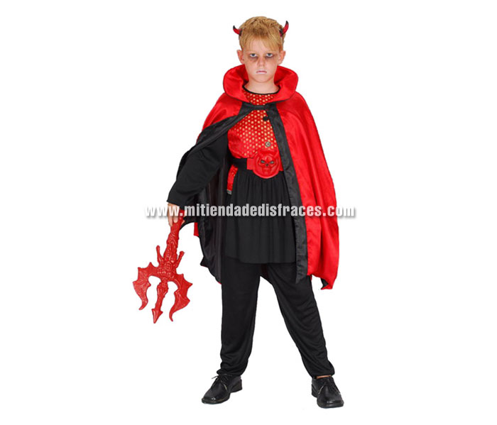 Disfraz de Demonio rojo/negro económico talla de 4 a 6 años. Incluye camisa, pantalón, capa, cinturón y cuernos. Tridente NO incluido, podrás verlo en la sección de Complementos.