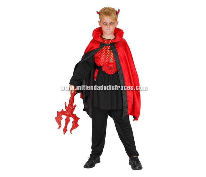 Disfraz de Demonio rojo/negro económico talla de 7 a 9 años. Incluye camisa, pantalón, capa, cinturón y cuernos. Tridente NO incluido, podrás verlo en la sección de Complementos.