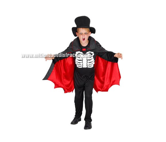 Disfraz de Esqueleto Rojo y Negro Económico talla de 4 a 6 años. Incluye sombrero, camisa, pantalón y capa.