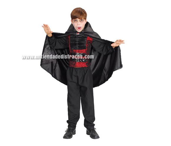 Disfraz de Vampiro lujo rojo/negro talla de 4 a 6 años. Incluye pantalón, camisa y capa.