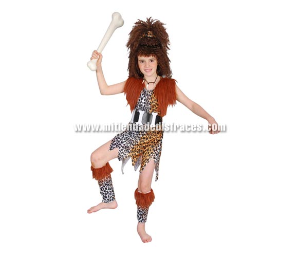 Disfraz de Troglodita infantil. Talla de 7 a 9 años. Incluye vestido, cinturón y cubrepiernas. Peluca y hueso NO incluidos, podrás verlos en la sección Complementos. Disfraz de Cavernícola para niña.
