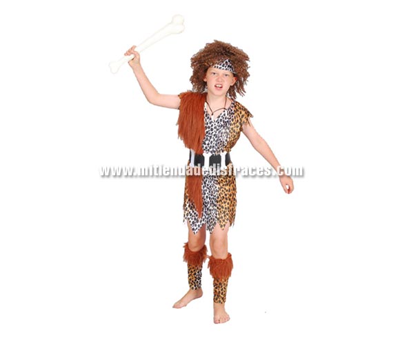 Disfraz de Troglodita infantil. Talla de 7 a 9 años. Incluye túnica, lazo, cinturón y cubrepiernas. Peluca y hueso NO incluidos, podrás verlos en la sección Complementos. Disfraz de Cavernícola para niño.