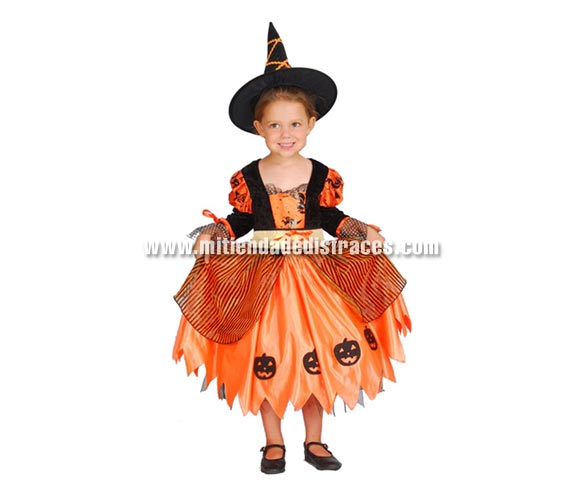 Disfraz de Brujita Calabacita infantil económico. Talla de 3 a 4 años. Incluye vestido y sombrero. Disfraz de Bruja infantil.