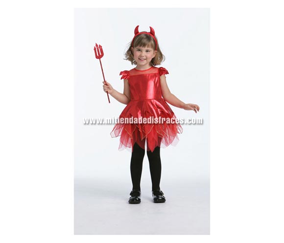 Disfraz de Diablesa o Demonia niña talla de 3 a 4 años. Incluye vestido y cuernos. Tridente NO incluido, podrás verlo en la sección de Complementos para Halloween.