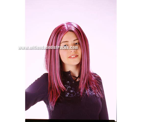 Peluca mechas, negra, lila, y roja. Muy buena calidad. Fabricada en España. Talla universal.