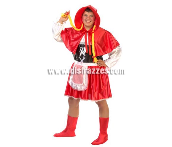 Disfraz de Caperucita adultos para Carnaval. Alta calidad. Hecho en España. Talla de hombre (50). Incluye capa con capucha y trenzas, vestido con delantal y cubrebotas.