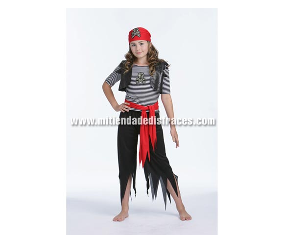 Disfraz de Pirata Calavera infantil. Talla de 10 a 12 años. Incluye pañuelo, camisa, chaleco, pantalón y fajín.