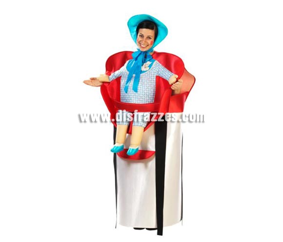 Disfraz de Sillita con Bebé adultos. Alta calidad. Hecho en España. Disponible en talla única de hombre (50) y de mujer (44). Incluye disfraz completo, tal y como se ve en la foto. Pueden ser colores surtidos, pero todos del mismo estilo, muy originales.