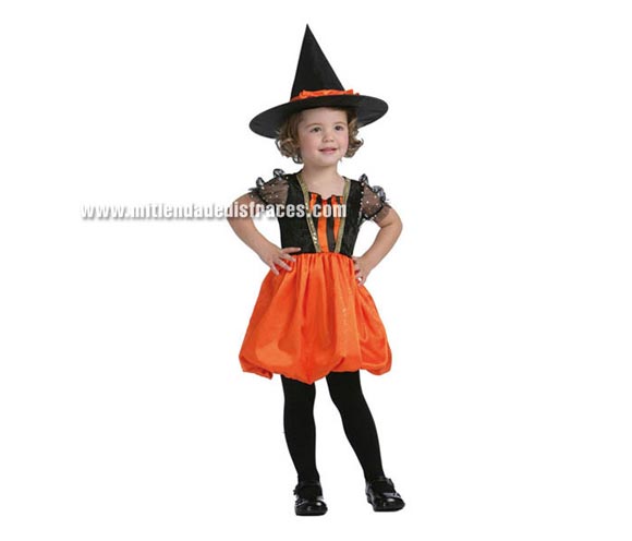 Disfraz de Bruja Naranja Económico talla de 3 a 4 años. Incluye sombrero y vestido.