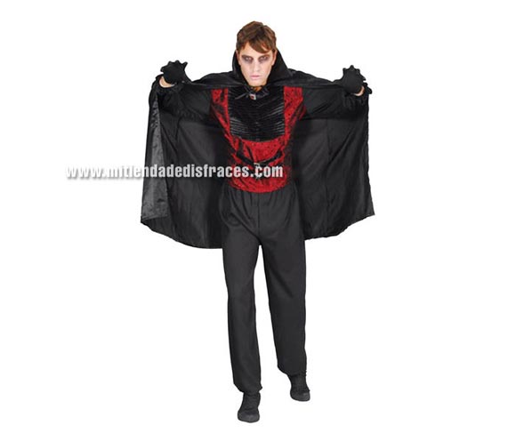 Disfraz de Vampiro Rojo y Negro Adulto Económico. Talla única 52/54. Incluye capa, camisa y pantalón.