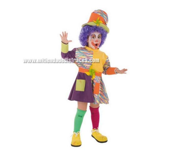 Disfraz de Payasa infantil Deluxe. Hecho en España. Disponible en varias tallas. Incluye sombrero y vestido con cinturón. Peluca y zapatones NO incluidos, podrás verlos en las secciones de Complementos y Pelucas.