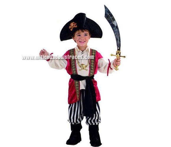 Disfraz de Pirata Aventurero infantil Deluxe. Hecho en España. Disponible en varias tallas. Incluye sombrero, camisa con chaleco y cinturón y pantalón con cubrebotas.
