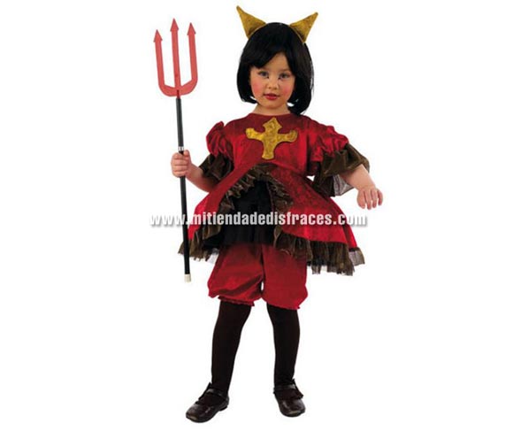 Disfraz de Diablesa infantil Deluxe. Hecho en España. Disponible en varias tallas. Incluye pololos, vestido y diadema. Tridente NO incluido, podrás verlos en la Sección Halloween Complementos.