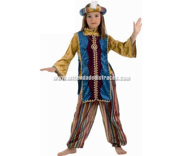 Disfraz de Jazmín Turquesa infantil Deluxe. Hecho en España. Disponible en varias tallas. Incluye camisa, casaca, pantalón y turbante. Ideal como disfraz de Paje para Cabalgatas en Navidad.