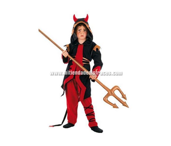 Disfraz de Diablo infantil Deluxe. Hecho en España. Disponible en varias tallas. Incluye pantalón y camisa con capucha y cuernos. Tridente NO incluido.