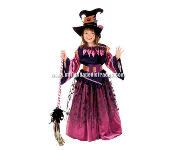 Disfraz de Bruja Violette infantil Deluxe. Hecho en España. Disponible en varias tallas. Incluye camisa, falda, cinturón y sombrero. Escoba NO incluida, podrás ver escobas en la sección Complementos.