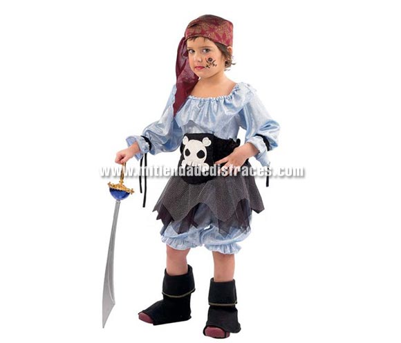 Disfraz de Pirata Anne infantil Deluxe niña. Hecho en España. Disponible en varias tallas. Incluye pololos, vestido, corpiño, cubrebotas y sombrero. Espada NO incluida, podrás verla en la sección Complementos.