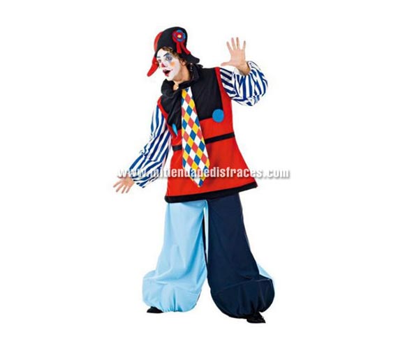 Disfraz de Payaso Arlequín adulto Deluxe. Alta calidad. Hecho en España. Disponible en varias tallas. Incluye pantalón, gorro y casaca.