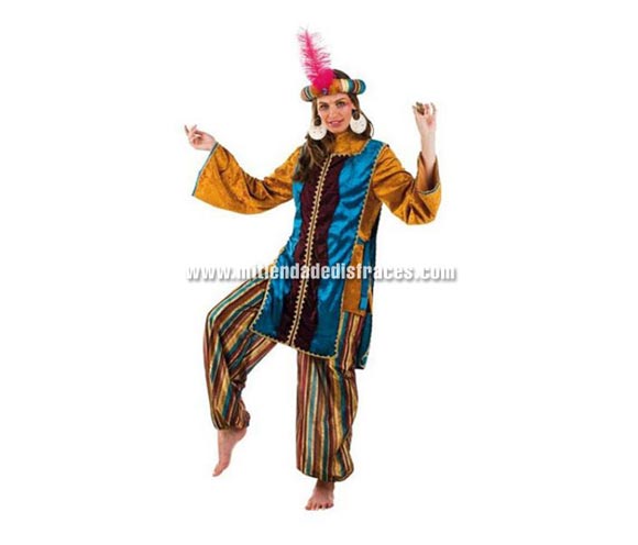 Disfraz de Jazmín Turquesa adulta Deluxe. Alta calidad. Hecho en España. Disponible en varias tallas. Incluye camisa, pantalón, turbante y casaca. Disfraz de Paje para mujer.
