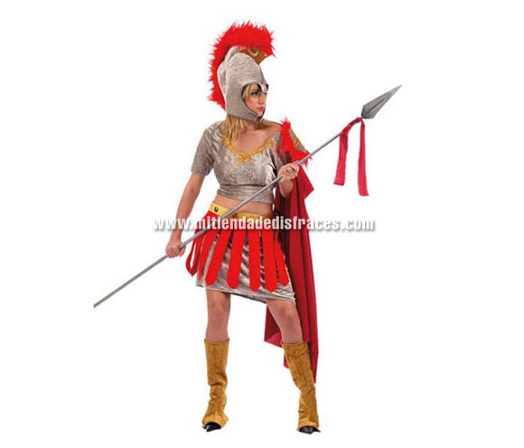 Disfraz de Romana adulta Deluxe. Alta calidad. Hecho en España. Disponible en varias tallas. Incluye falda, gorro, cinturón, cubrebotas y camisa con capa. Lanza NO incluida. Disfraz de Centurión Romano para mujer.
