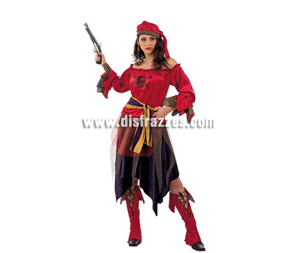 Disfraz de Pirata Corsaria adulta Deluxe. Alta calidad. Hecho en España. Disponible en varias tallas. Incluye camisa, falda, cubrebotas, pañuelo y fajín. Pistola NO incluida, podrás verla en la sección Complementos. Éste disfraz hace pareja con la ref. MA194LI.