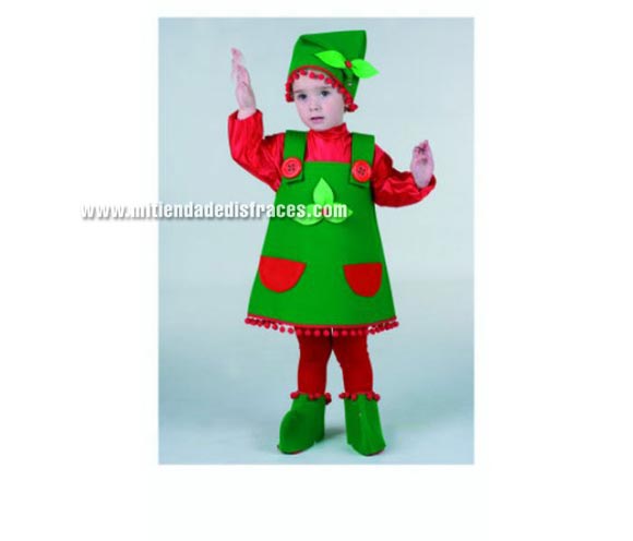 Disfraz de Duendecilla talla de 5 a 7 años. Alta calidad. Hecho en España. Incluye gorro, camisa, pichi y cubrepies. Disfraz de Duende para Cabalgatas de Reyes Magos.
