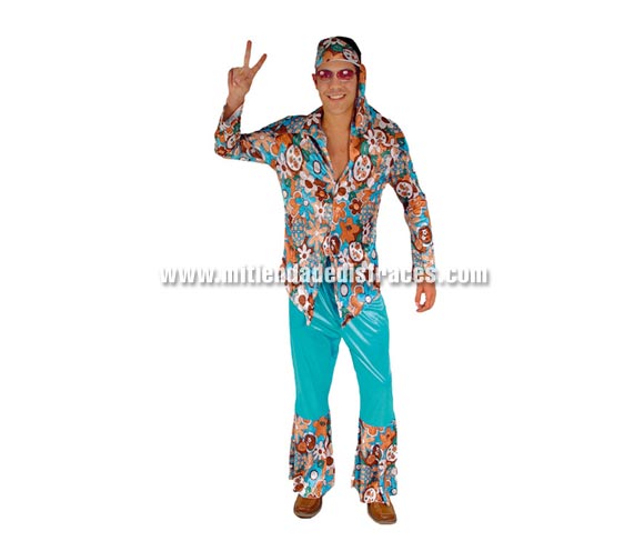Disfraz de Hippie Adulto Económico. Talla única 52/54. Incluye pantalón, camisa y pañuelo de la cabeza.
