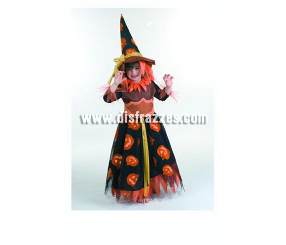 Disfraz de Bruja Calabazas para niñas de 11 a 13 años. Alta calidad. Hecho en España. Incluye gorro, vestido y cinturón. OFERTA POR LIQUIDACIÓN DE STOCK, éste disfraz es de gran calidad tanto en diseño como en calidad de los tejidos empleados. 