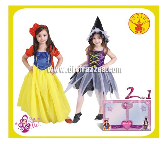 Disfraz de Blancanieves y Bruja 2x1 en caja con accesorios para Carnaval o para regalar en Navidad, incluso para Halloween. Talla de 3 a 4 años. Incluye disfraz, tiara y zapatos de Blancanieves; y disfraz, sombrero y zapatos de Bruja. Ideal para regalar en Navidad y Reyes o en cualquier fecha del año.