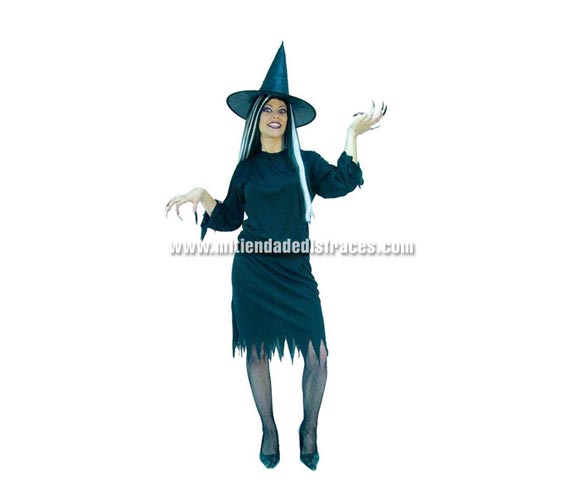Disfraz de Bruja adulta económica. Talla única 42/44. Incluye vestido, cinturón y sombrero. Peluca NO inlucida, podrás verla en la sección Pelucas para Halloween.
