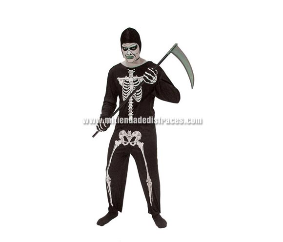 Disfraz de Esqueleto para adulto económico. Talla única 52/54. Incluye traje y capucha. Guantes NO incluidos. Guadaña NO incluida, podrás verla en la sección Complementos de Halloween.