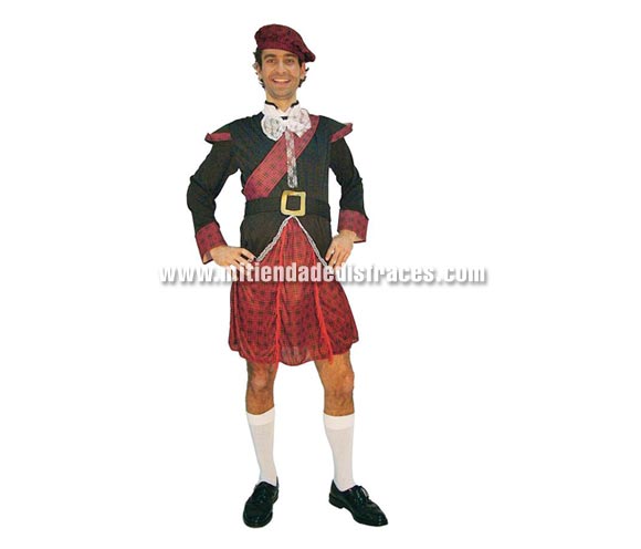Disfraz de Escocés adulto. Talla única 50/54. Incluye gorra, chaqueta, banda, cinturón y falda.