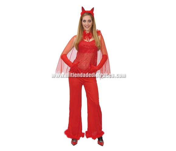 Disfraz de Diablesa adulta económico. Talla única 42/44. Incluye pantalón, diadema, blusa y capa. Guantes NO incluidos, podrás verlos en la sección Complementos.