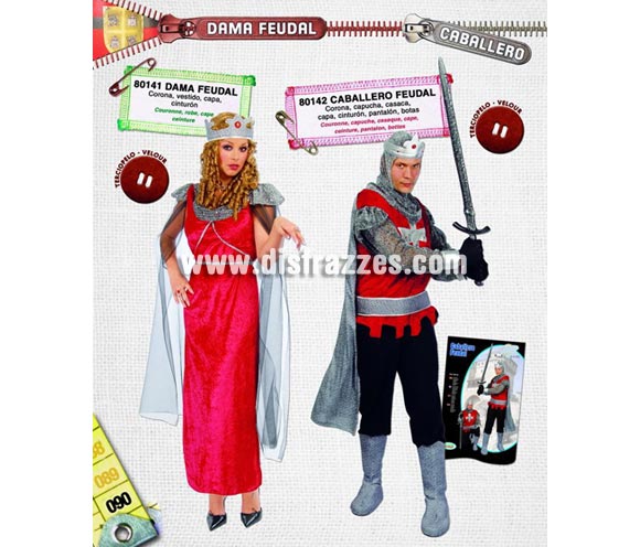 Disfraz de Caballero Feudal adulto. Talla única 52/54. Incluye corona, capucha, casaca, capa, cinturón, pantalón y cubrebotas. Tela apariencia de terciopelo. Disfraz Rey Medieval para hombre ideal para Ferias Medievales de la Edad Media. En la imagen verás la pareja y su referencia.