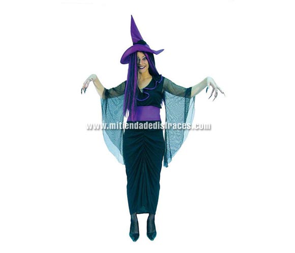 Disfraz de Bruja Negra adulta económico. Talla única 42/44. Incluye falda, sombrero, blusa y cinturón. Peluca NO incluida, podrás verla en la sección de Pelucas de Halloween.