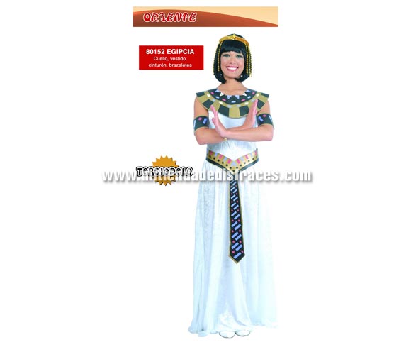 Disfraz de Egipcia adulta. Talla única 38/42. Incluye cuello, vestido, cinturón y brazaletes. Apariencia Terciopelo. Disfraz de Cleopatra para mujer.