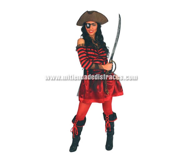 Disfraz de Pirata adulta. Talla única 38/42. Incluye camisa, corsé, falda y cubrebotas. Espada, collar, parche y sombrero NO incluidos, podrás verlos en la sección Complementos. Disfraz de Pirata para mujer.