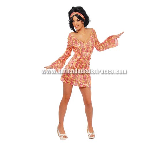 Disfraz de Mujer Años 70 adulta. Talla única 38/42. Incluye vestido y diadema.