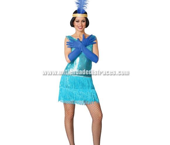 Disfraz de Charlestón azul adulta. Talla única 38/42. Incluye cinta de la cabeza y vestido. Pluma NO incluida.