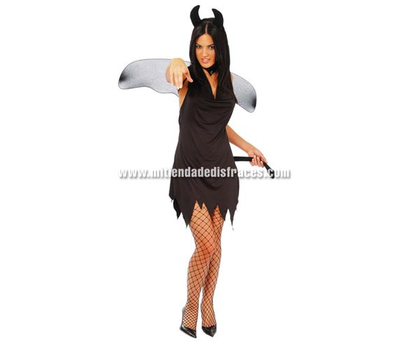 Disfraz de Diablesa adulta negro económico. Talla única 42/44. Incluye diadema, alas y vestido con rabo.